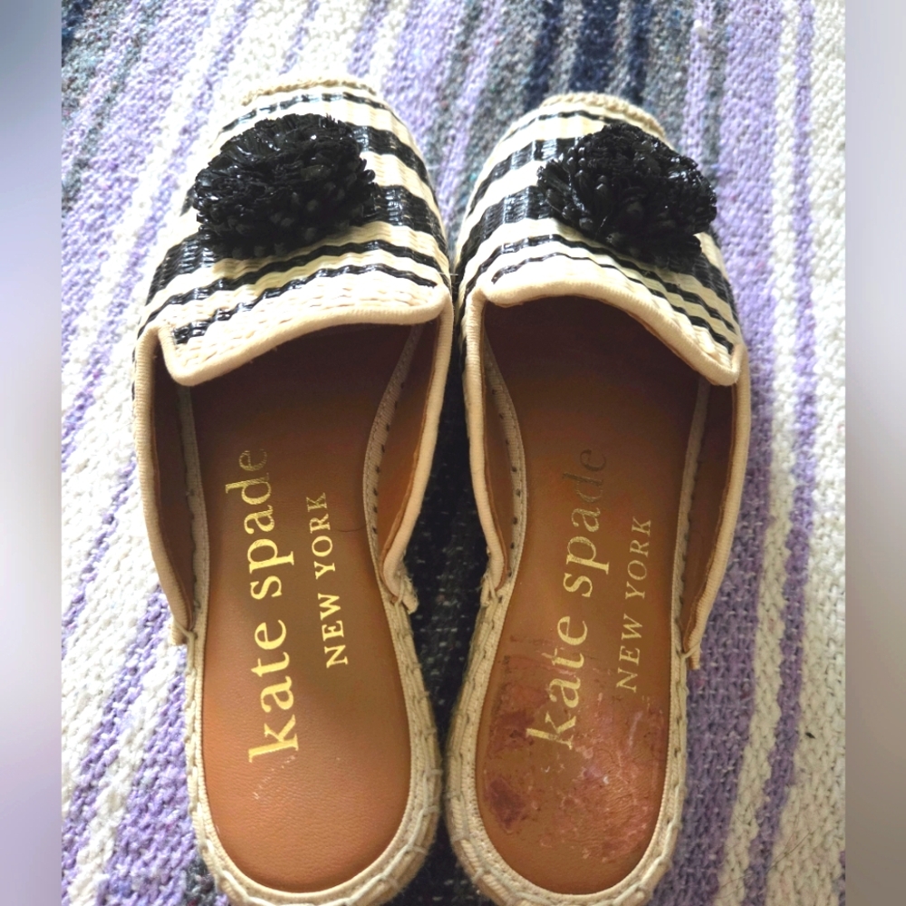 Kate Spade Solero Raffia Espadrille Mules Striped Black Cream Pom Pom Slides - Picture 5 of 9